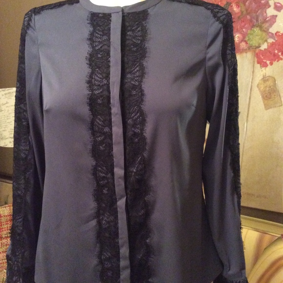 Ann Taylor Tops - Ann Taylor Gray Black Lace Blouse L/S 2 Petite
